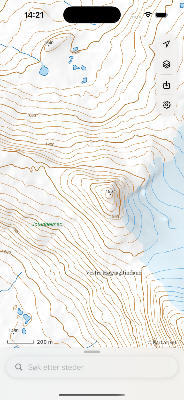iLende topografisk turkart på iPhone — Skogadalsbøen, Jotunheimen