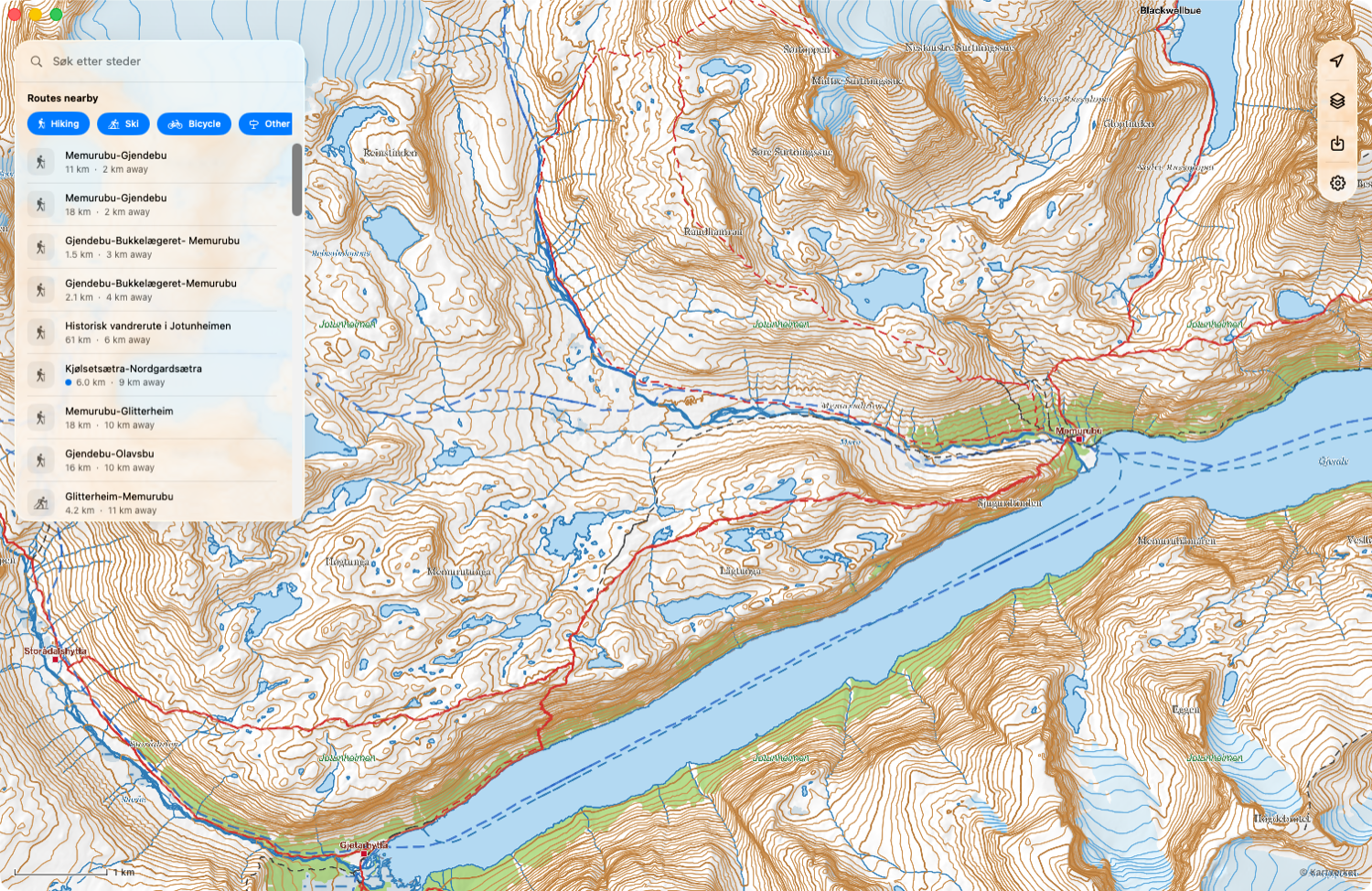 iLende topografisk turkart på Mac — Gjende, Jotunheimen
